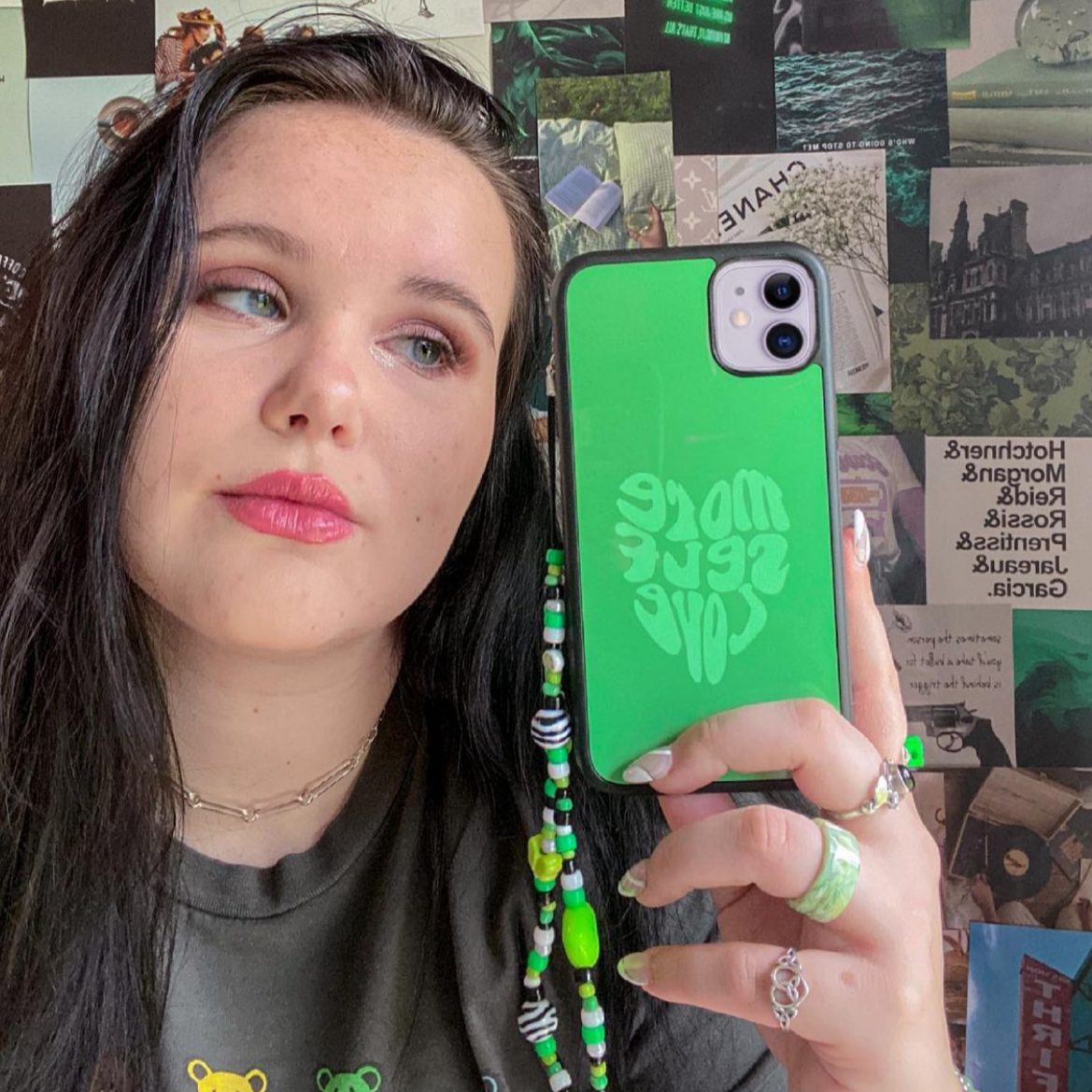 phone, phone case, iPhone, iPhone case, phone accessories, aesthetic phone case, trendy phone case, more self love phone case, more self love, self love, love, heart, green