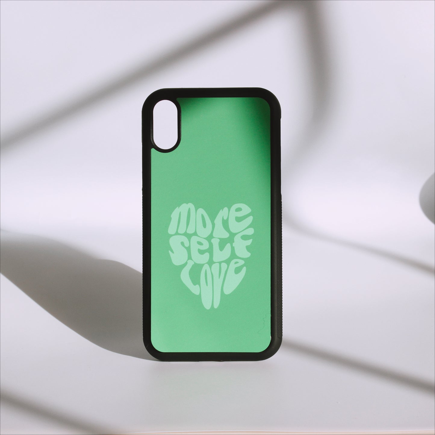 phone, phone case, iPhone, iPhone case, phone accessories, aesthetic phone case, trendy phone case, more self love phone case, more self love, self love, love, heart, green
